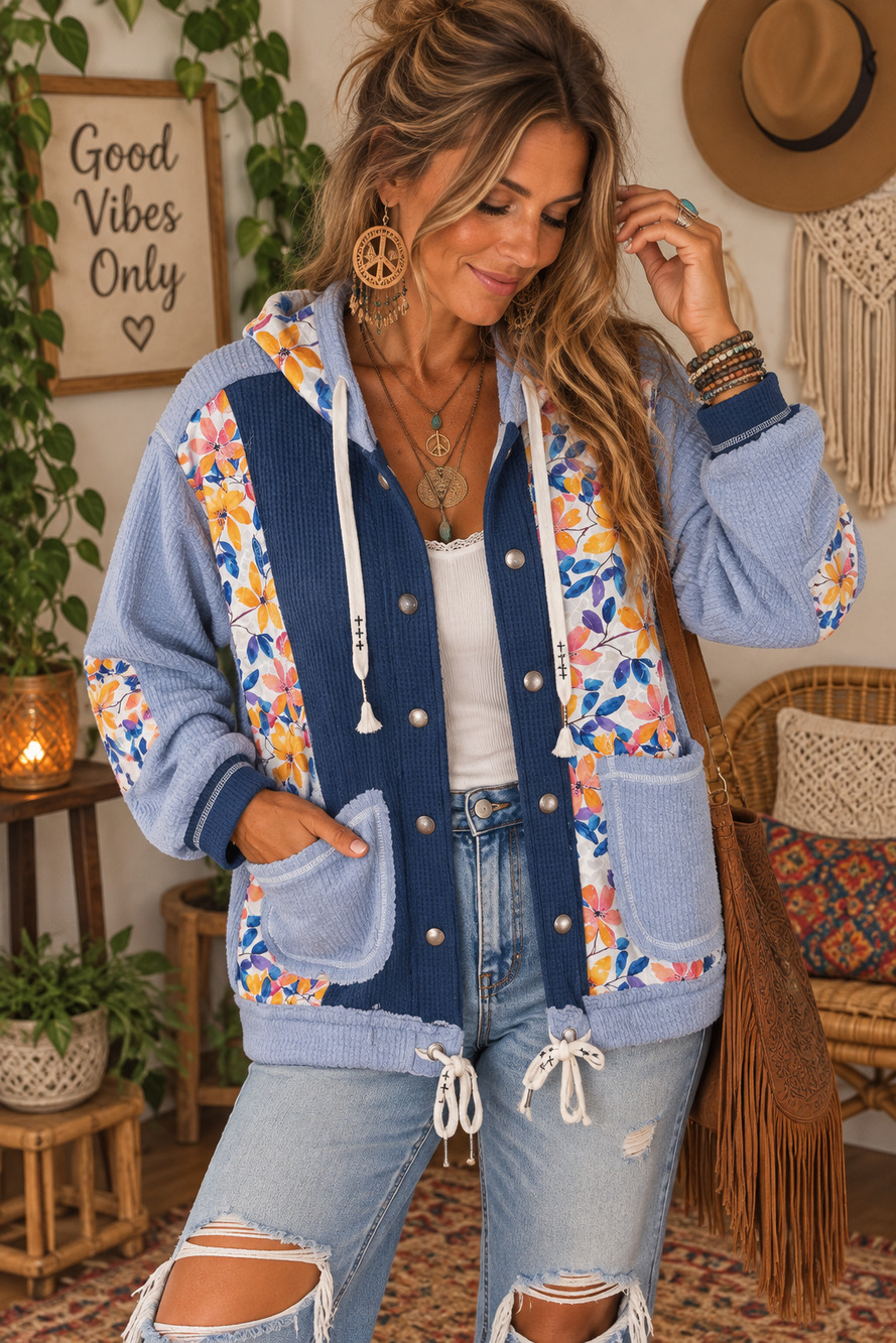 POL Boho Patchwork Hoodie Womens Medium NWOT